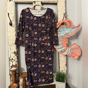 Boden Sheath Dress Tan and Black 3/4 Sleeve Scoop Neck